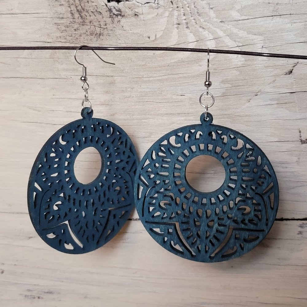 Wood Earrings - Teal Round Mandala